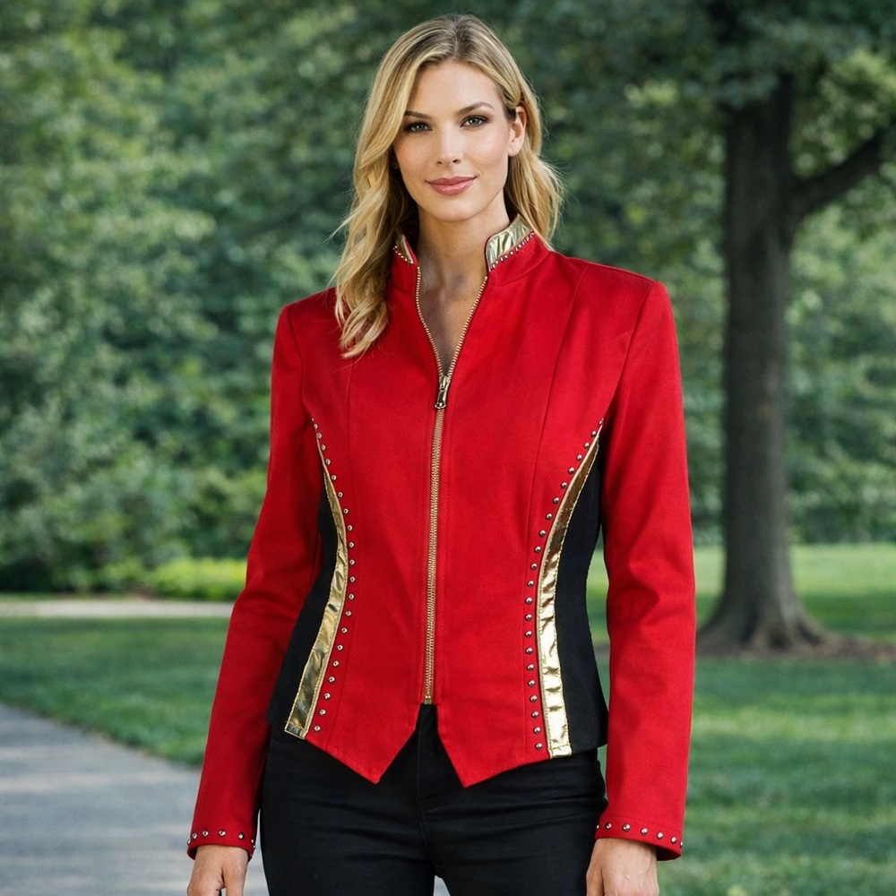 Valencia Red Zip Jacket Gold Studded Trim Black Panels — Statement Piece